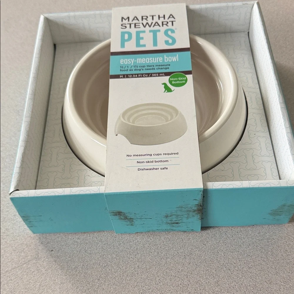 Martha Stewart Pets Ceramic Pet Bowl in Cream and Teal Accent